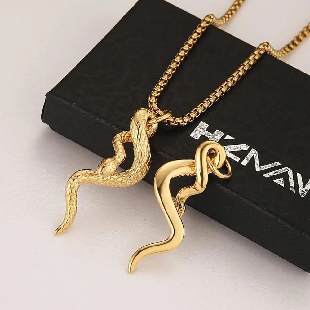 Gothic Men's Gold Stainless Steel Animal Snake Pendant Chain Necklace